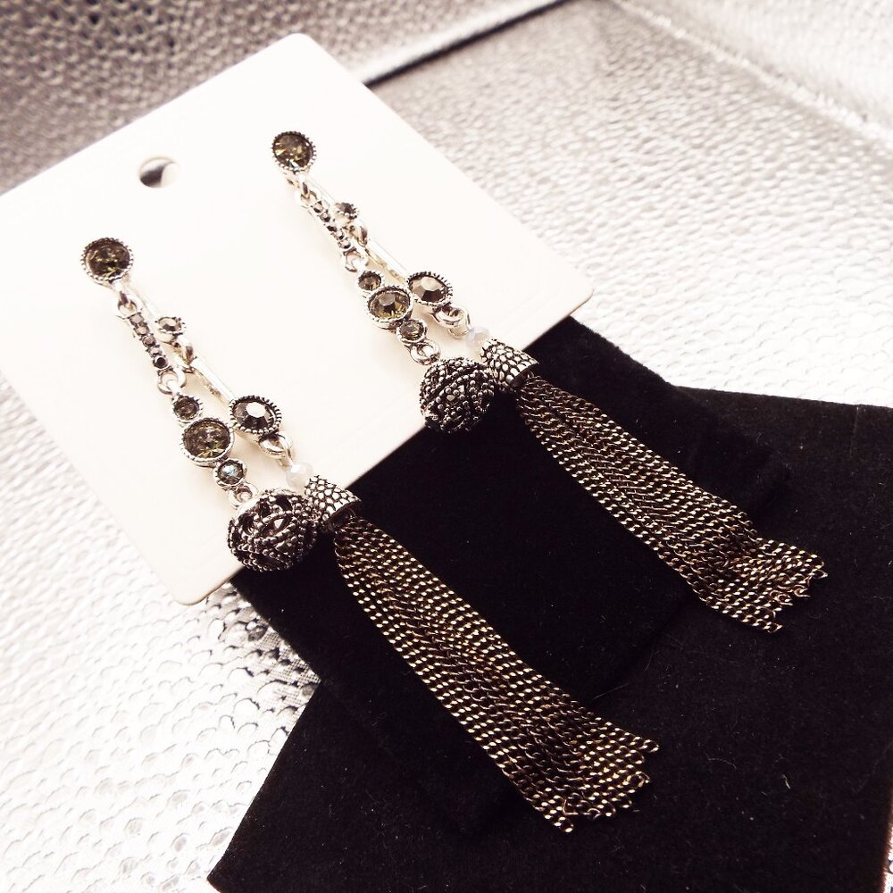 NWT BLACK DIMONDS GUNMETAL CHAINS FILIGREE LONG DANGLY *BACK-FRONT* EARRINGS 2